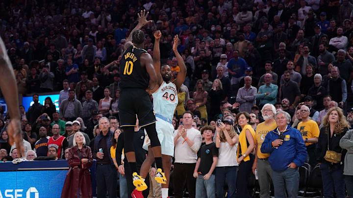 Apr 9, 2025; San Francisco, California, USA; San Antonio Spurs forward Harrison Barnes (40) hits a three point basket at the buzzer over Golden State Warriors forward Jimmy Butler III (10) for the win in the fourth period at Chase Center. Mandatory Credit: David Gonzales-Imagn Images Apr 9, 2025; San Francisco, California, USA; San Antonio Spurs forward Harrison Barnes (40) hits a three point basket at the buzzer over Golden State Warriors forward Jimmy Butler III (10) for the win in the fourth period at Chase Center. Mandatory Credit: David Gonzales-Imagn Images