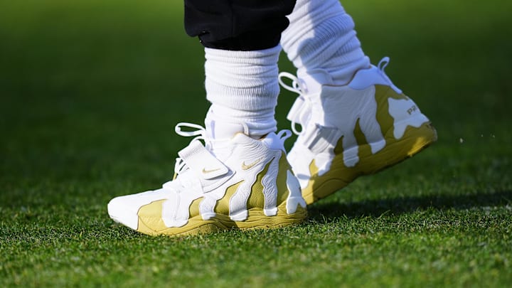 Nov 29, 2024; Boulder, Colorado, USA; Detailed view of shoes worn by Colorado Buffaloes head coach Deion Sanders before the game against the Oklahoma State Cowboys at Folsom Field.