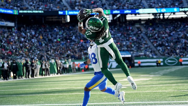 New York Jets wide receiver Davante Adams (17) is unable to hold onto the ball at the end zone, Sunday, December 22, 2024, in East Rutherford.