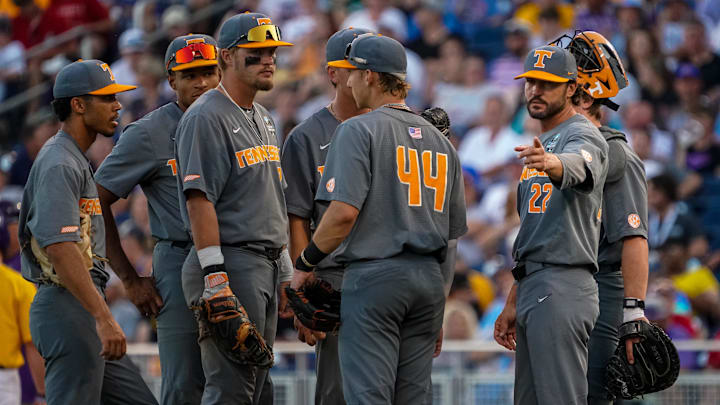 Jun 20, 2023; Omaha, NE, USA; Tennessee Volunteers head coach Tony Vitello motions to the bullpen during the eighth inning against the LSU Tigers at Charles Schwab Field Omaha. Mandatory Credit: Dylan Widger-Imagn Images