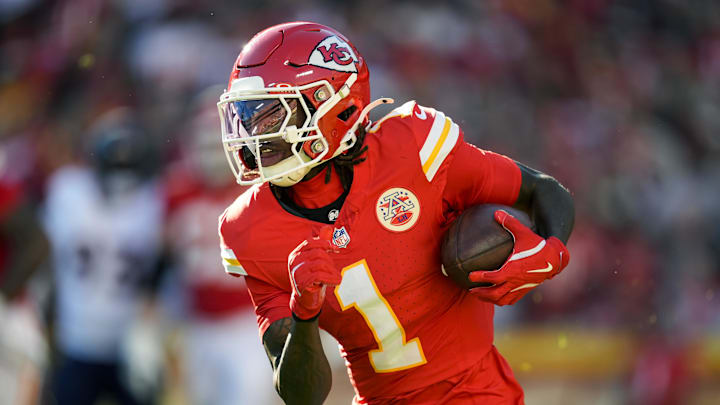 Kansas City Chiefs wide receiver Xavier Worthy (1) runs with the ball during the second half against the Denver Broncos at GEHA Field at Arrowhead Stadium. Kansas City Chiefs wide receiver Xavier Worthy (1) runs with the ball during the second half against the Denver Broncos at GEHA Field at Arrowhead Stadium.