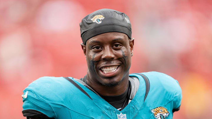 September 28, 2025; Santa Clara, California, USA; Jacksonville Jaguars running back Travis Etienne Jr. (1) after the game against the San Francisco 49ers at Levi's Stadium. Mandatory Credit: Kyle Terada-Imagn Images