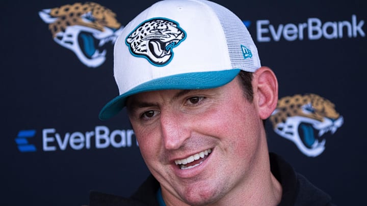 Jacksonville Jaguars Offensive Coordinator Grant Udinski, answers questions after the Jacksonville Jaguars’ 18th and final training camp practice at Miller Electric Center in Jacksonville, Fla. Wednesday August 20, 2025. [Doug Engle/Florida Times-Union]