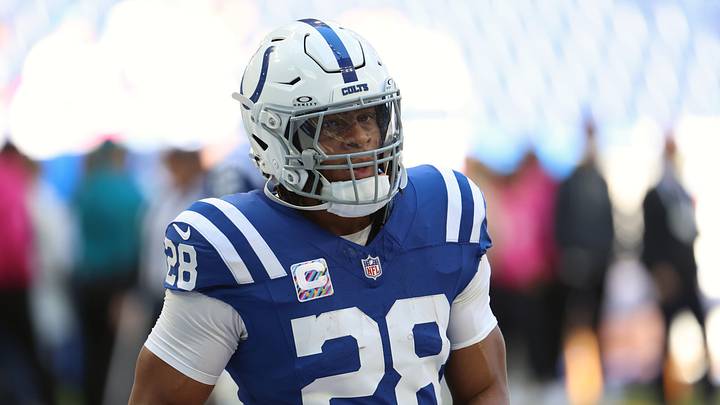 Oct 18, 2026; Indianapolis, Indiana, USA;  Indianapolis Colts running back Jonathan Taylor (28) before the game against the Tennessee Titans at Lucas Oil Stadium.  Mandatory Credit: Trevor Ruszkowski-Imagn Images