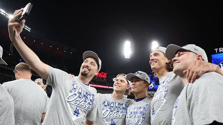 Los Angeles Dodgers pitcher Blake Snell (7) celebrates with catcher Will Smith, pitcher Yoshinobu Yamamoto, pitcher Tyler Glasnow, and pitcher Tarik Skubal after defeating the Atlanta Braves after Game 4 of the NLDS at Truist Park on Oct. 7, 2026. Los Angeles Dodgers pitcher Blake Snell (7) celebrates with catcher Will Smith, pitcher Yoshinobu Yamamoto, pitcher Tyler Glasnow, and pitcher Tarik Skubal after defeating the Atlanta Braves after Game 4 of the NLDS at Truist Park on Oct. 7, 2026.