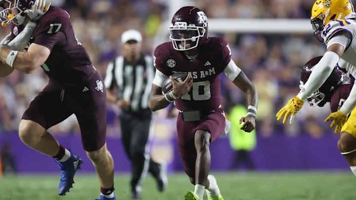 Oct 25, 2025; Baton Rouge, Louisiana, USA; Texas A&M Aggies quarterback Marcel Reed (10) scrambles during the second half against the Louisiana State Tigers at Tiger Stadium. Mandatory Credit: Stephen Lew-Imagn Images Oct 25, 2025; Baton Rouge, Louisiana, USA; Texas A&M Aggies quarterback Marcel Reed (10) scrambles during the second half against the Louisiana State Tigers at Tiger Stadium. Mandatory Credit: Stephen Lew-Imagn Images