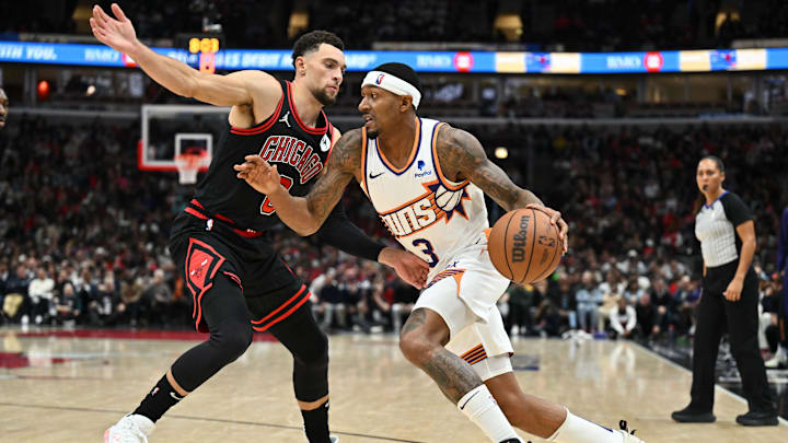 Nov 8, 2023; Chicago, Illinois, USA; Phoenix Suns guard Bradley Beal (3) drives to the basket as Chicago Bulls forward Zach LaVine (8) defends in the second half at United Center. Mandatory Credit: Jamie Sabau-Imagn Images Nov 8, 2023; Chicago, Illinois, USA; Phoenix Suns guard Bradley Beal (3) drives to the basket as Chicago Bulls forward Zach LaVine (8) defends in the second half at United Center. Mandatory Credit: Jamie Sabau-Imagn Images