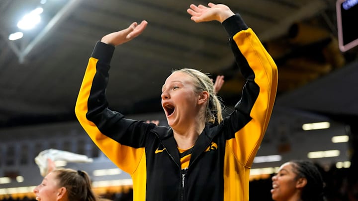 Iowa guard Callie Levin (32) reacts during a basketball game against the Ohio State Buckeyes Jan. 25, 2026 at Carver-Hawkeye Arena in Iowa City, Iowa.