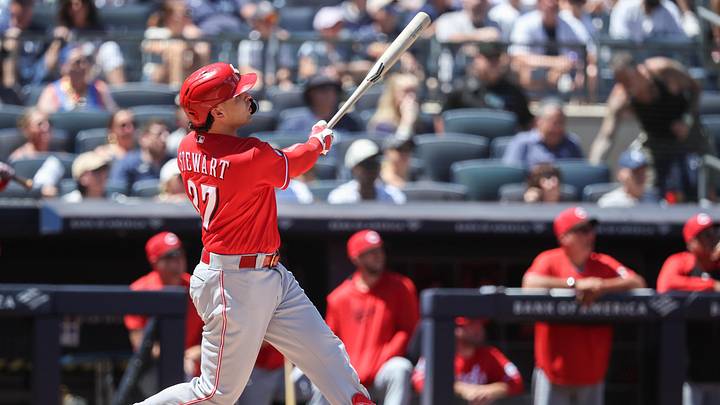 Jun 20, 2026; Bronx, New York, USA; Cincinnati Reds third baseman Sal Stewart (27) hits a two-run double in the third inning against the New York Yankees at Yankee Stadium. Mandatory Credit: Wendell Cruz-Imagn Images Jun 20, 2026; Bronx, New York, USA; Cincinnati Reds third baseman Sal Stewart (27) hits a two-run double in the third inning against the New York Yankees at Yankee Stadium. Mandatory Credit: Wendell Cruz-Imagn Images