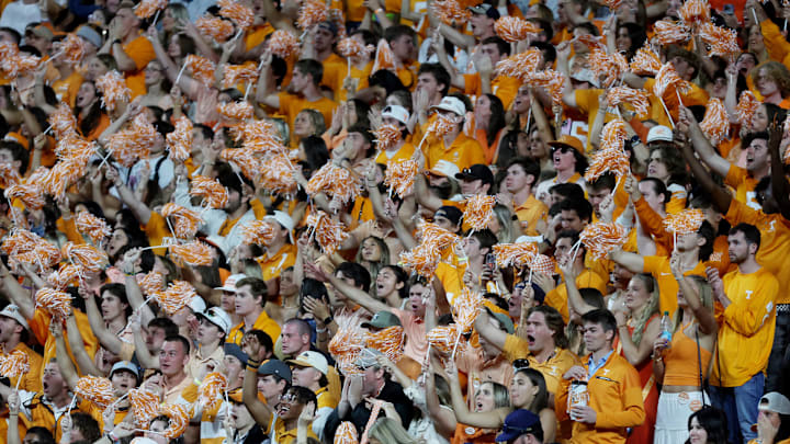 Oct 19, 2024; Knoxville, Tennessee, USA; Tennessee Volunteers fans cheer as the Alabama Crimson Tide is unable to get a first down at the end of the fourth quarter at Neyland Stadium. Mandatory Credit: Alan Poizner-Imagn Images