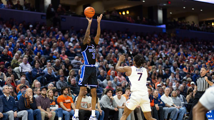 Duke v Virginia; Duke basketball forward Isaiah Evans shoots a 3-pointer against Virginia