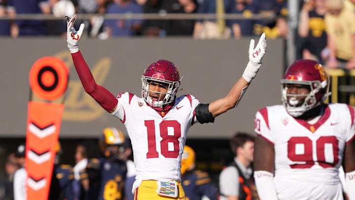 Oct 28, 2023; Berkeley, California, USA; USC Trojans linebacker Eric Gentry (18) gestures during the third quarter against the California Golden Bears at California Memorial Stadium. Mandatory Credit: Darren Yamashita-Imagn Images