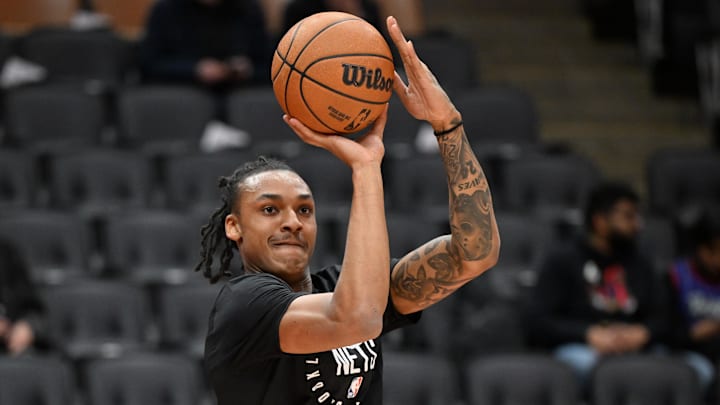 Jan 1, 2025; Toronto, Ontario, CAN;  Brooklyn Nets forward Maxwell Lewis (27) warms up before playing the Toronto Raptors at Scotiabank Arena. Mandatory Credit: Dan Hamilton-Imagn Images