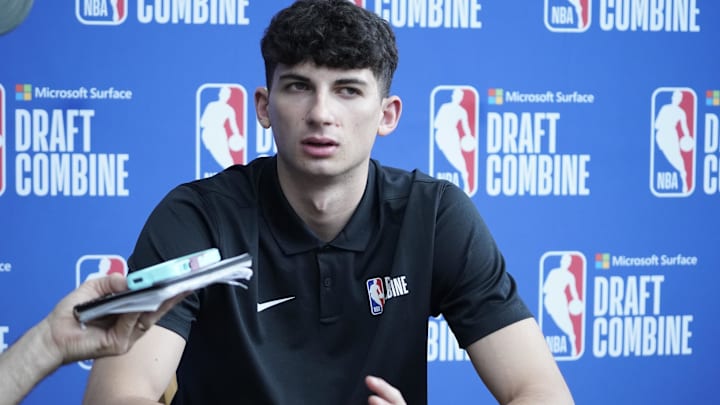 May 19, 2022; Chicago, IL, USA; Gabriele Procida talks to the media during the 2022 NBA Draft Combine at Wintrust Arena. Mandatory Credit: David Banks-USA TODAY Sports May 19, 2022; Chicago, IL, USA; Gabriele Procida talks to the media during the 2022 NBA Draft Combine at Wintrust Arena. Mandatory Credit: David Banks-USA TODAY Sports