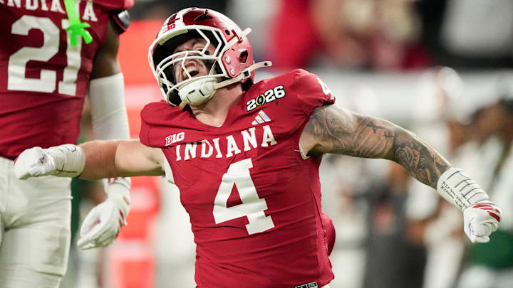 Indiana Hoosiers linebacker Aiden Fisher (4) reacts after a play Monday, Jan. 19, 2026, during the College Football Playoff National Championship college football game against the Miami (FL) Hurricanes at Hard Rock Stadium in Miami Gardens.