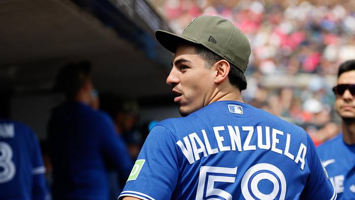 May 16, 2026; Detroit, Michigan, USA; Toronto Blue Jays catcher Brandon Valenzuela (59) in the dugout in the seventh inning against the Detroit Tigers at Comerica Park. Mandatory Credit: Rick Osentoski-Imagn Images