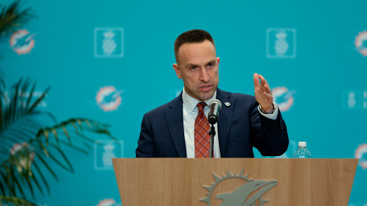 Miami Dolphins head coach Jeff Hafley speaks to reporters during his introductory press conference at Baptist Health Training Complex. 