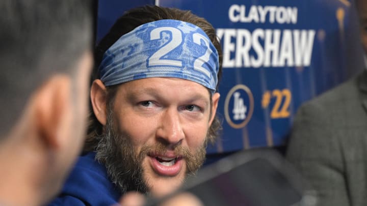 Oct 23, 2025; Toronto, ON, Canada;  Los Angeles Dodgers pitcher Clayton Kershaw (22) speaks to the media during media day and team workouts at Rogers Centre. Mandatory Credit: Dan Hamilton-Imagn Images