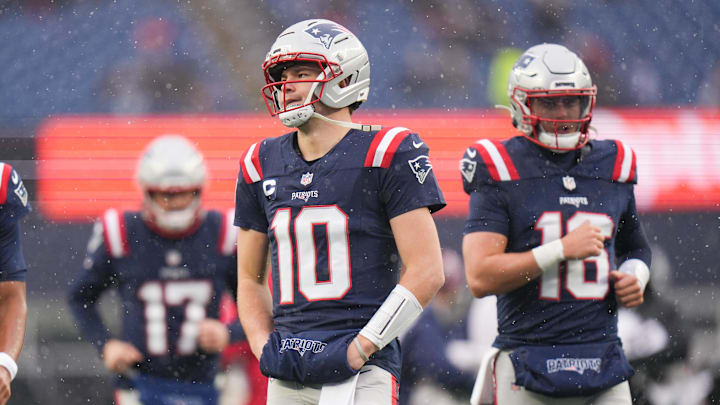 Jan 18, 2026; Foxborough, MA, USA; New England Patriots quarterback Drake Maye (10) warms up before an AFC Divisional Round game against the Houston Texans at Gillette Stadium. Mandatory Credit: David Butler II-Imagn Images