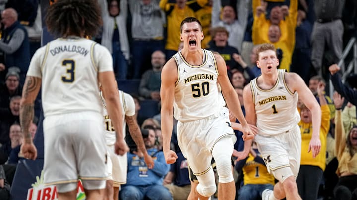 Vladislav Goldin #50 of the Michigan Wolverines reacts against the Purdue Boilermakers at Crisler Arena on February 11, 2025 in Ann Arbor, Michigan. 