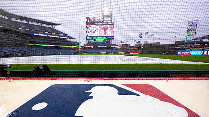 General view of Citizens Bank Park rain delay