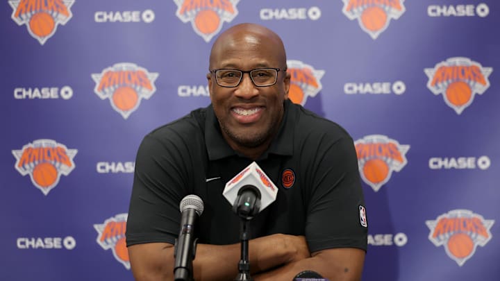 Sep 23, 2025; New York, NY, USA; New York Knicks head coach Mike Brown speaks to the media during a media day press conference at the Madison Square Garden training center. Mandatory Credit: Brad Penner-Imagn Images