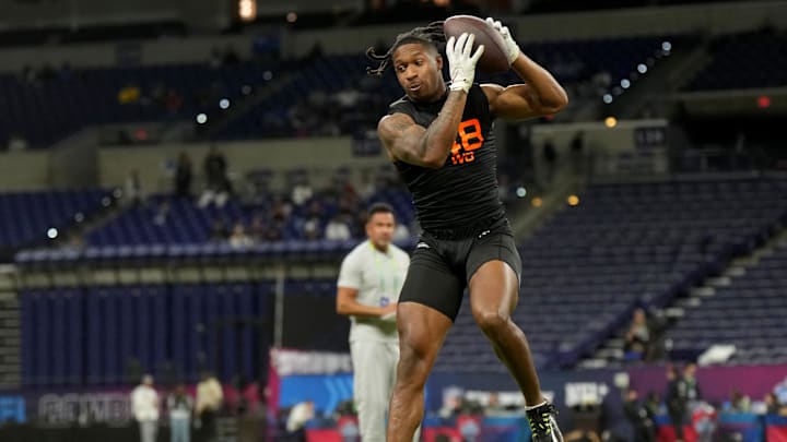 Mar 1, 2025; Indianapolis, IN, USA; Washington State wideout Kyle Williams (WO48) during the 2025 NFL Combine at Lucas Oil Stadium. Mandatory Credit: Kirby Lee-Imagn Images Mar 1, 2025; Indianapolis, IN, USA; Washington State wideout Kyle Williams (WO48) during the 2025 NFL Combine at Lucas Oil Stadium. Mandatory Credit: Kirby Lee-Imagn Images