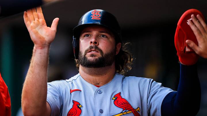 Aug 17, 2026; Cincinnati, Ohio, USA; St. Louis Cardinals first baseman Alec Burleson (41) high fives teammates after scoring on a RBI single hit by shortstop Masyn Winn (not pictured) in the fourth inning against the Cincinnati Reds at Great American Ball Park. Mandatory Credit: Katie Stratman-Imagn Images