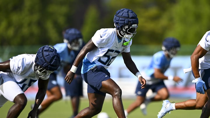 Tennessee Titans linebacker James Williams goes through drills during training camp. Mandatory Credit: Steve Roberts-Imagn Images