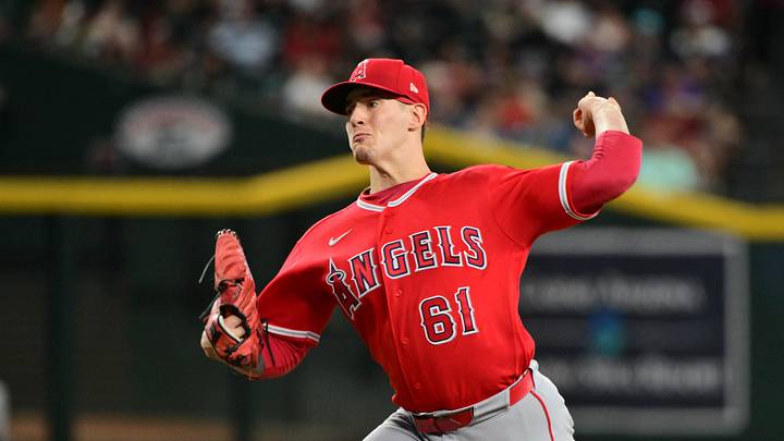 Jun 17, 2026; Phoenix, Arizona, USA; Los Angeles Angels pitcher Sam Aldegheri (61) throws in the first inning against the Arizona Diamondbacks at Chase Field. Mandatory Credit: Matt Kartozian-Imagn Images Jun 17, 2026; Phoenix, Arizona, USA; Los Angeles Angels pitcher Sam Aldegheri (61) throws in the first inning against the Arizona Diamondbacks at Chase Field. Mandatory Credit: Matt Kartozian-Imagn Images