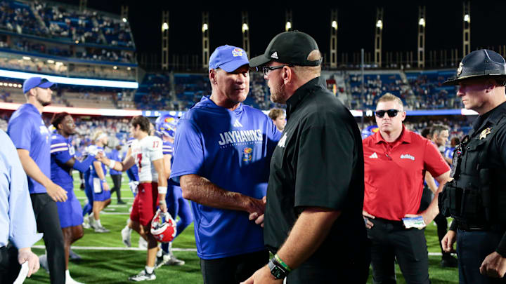 Kansas Jayhawks head coach Lance Leipold with Fresno State Bulldogs head coach Matt Entz
