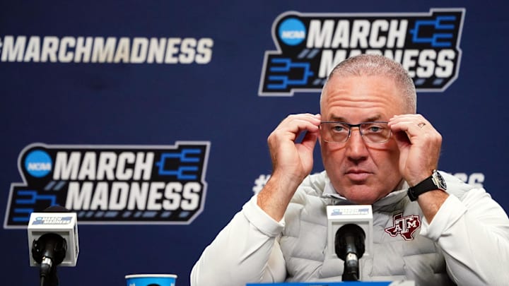 Mar 21, 2024; Memphis, TN, USA; Texas A&M Aggies head coach Buzz Williams speaks with the media
