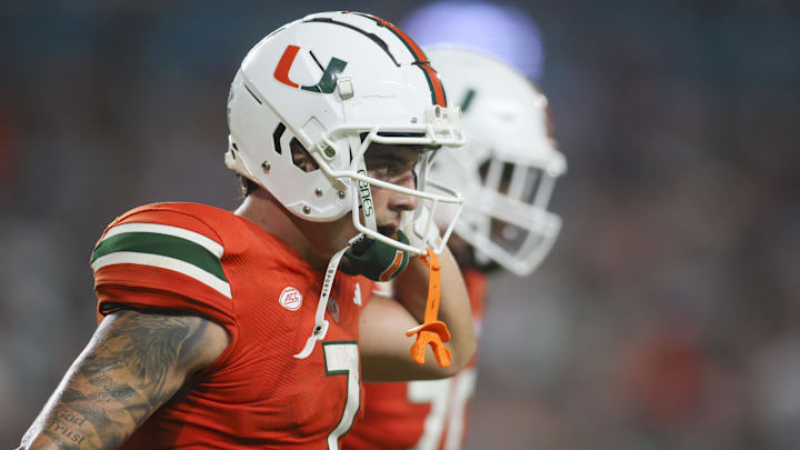 Sep 1, 2023; Miami Gardens, Florida, USA; Miami Hurricanes wide receiver Xavier Restrepo (7) looks on after scoring a two-point conversion against the Miami Redhawks during the third quarter at Hard Rock Stadium. Mandatory Credit: Sam Navarro-USA TODAY Sports