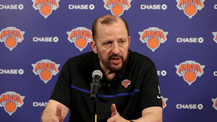 Sep 30, 2024; New York, NY, USA; New York Knicks head coach Tom Thibodeau speaks during a media day press conference at the MSG training facility in Tarrytown, NY. Mandatory Credit: Brad Penner-Imagn Images