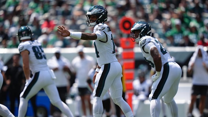 Aug 16, 2025; Philadelphia, Pennsylvania, USA; Philadelphia Eagles quarterback Dorian Thompson-Robinson (14) signals against the Cleveland Browns in the first half at Lincoln Financial Field. Mandatory Credit: Kyle Ross-Imagn Images
