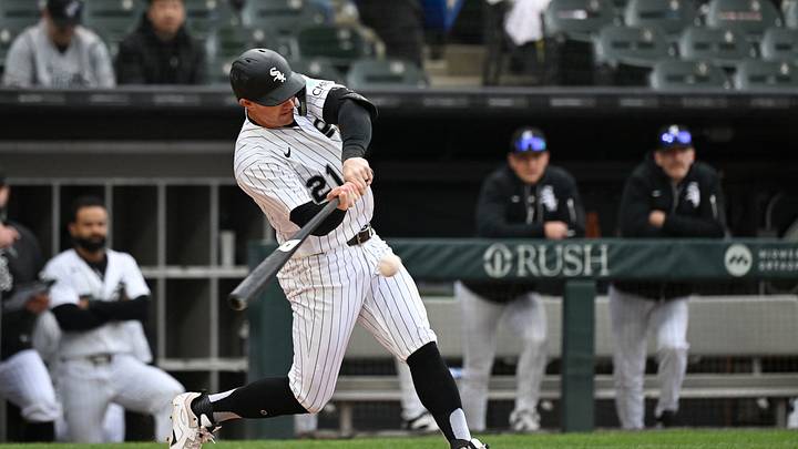 Apr 29, 2026; Chicago, Illinois, USA;  Chicago White Sox left fielder Austin Hays singles against the Los Angeles Angels during the first inning at Rate Field. Mandatory Credit: Matt Marton-Imagn Images