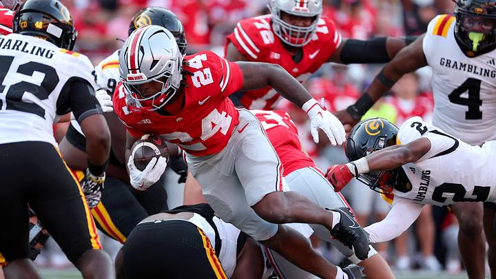 Sep 6, 2025; Columbus, Ohio, USA; Ohio State Buckeyes running back Sam Dixon (24) runs the ball during the fourth quarter against the Grambling State Tigers at Ohio Stadium. Mandatory Credit: Joseph Maiorana-Imagn Images Sep 6, 2025; Columbus, Ohio, USA; Ohio State Buckeyes running back Sam Dixon (24) runs the ball during the fourth quarter against the Grambling State Tigers at Ohio Stadium. Mandatory Credit: Joseph Maiorana-Imagn Images