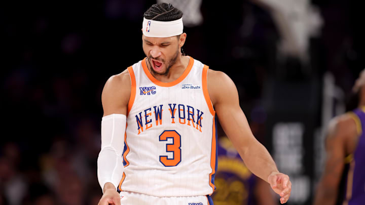 Feb 1, 2025; New York, New York, USA; New York Knicks guard Josh Hart (3) reacts during the third quarter against the Los Angeles Lakers at Madison Square Garden. Mandatory Credit: Brad Penner-Imagn Images
