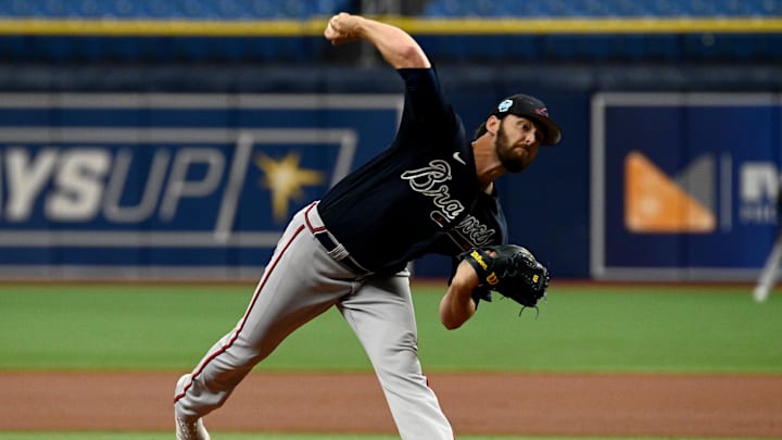 Atlanta Braves pitcher Ian Anderson (36) throws a pitch in the first inning of a spring training game against the Tampa Bay Rays at Tropicana Field in 2023.