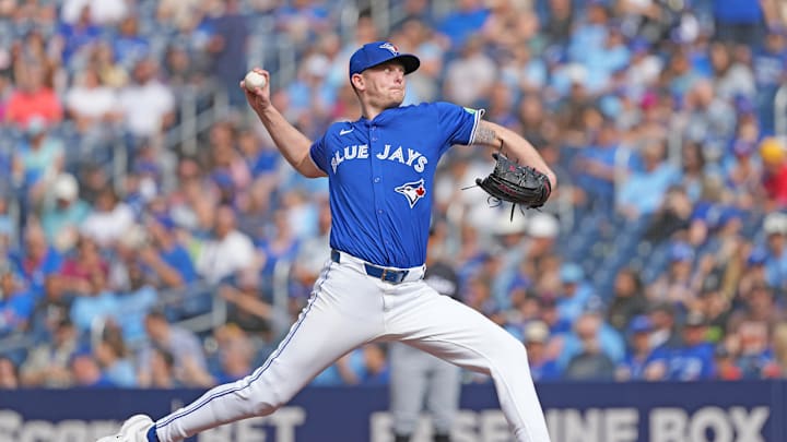 Toronto Blue Jays starting pitcher Ryan Burr (43) throws a pitch against the Miami Marlins during the first inning at Rogers Centre in 2024.