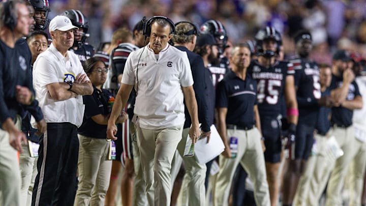 Oct 11, 2025; Baton Rouge, Louisiana, USA; South Carolina Gamecocks head coach Shane Beamer looks on against the LSU Tigers during the first half at Tiger Stadium. Mandatory Credit: Stephen Lew-Imagn Images Oct 11, 2025; Baton Rouge, Louisiana, USA; South Carolina Gamecocks head coach Shane Beamer looks on against the LSU Tigers during the first half at Tiger Stadium. Mandatory Credit: Stephen Lew-Imagn Images