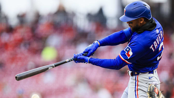 Apr 1, 2025; Cincinnati, Ohio, USA; Texas Rangers outfielder Leody Taveras (3) bats against the Cincinnati Reds in the third inning at Great American Ball Park. 