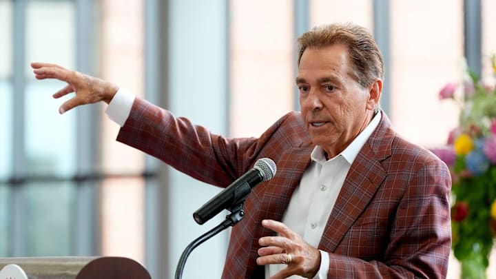 Aug. 5, 2025; Tuscaloosa, AL, USA; Nick Saban speaks during the Nick’s Kids Foundation Luncheon at Bryant-Denny Stadium.