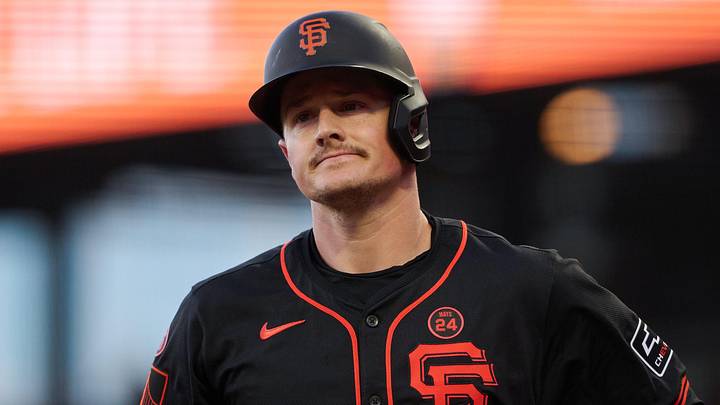 Sep 14, 2024; San Francisco, California, USA; San Francisco Giants infielder Matt Chapman (26) reacts after striking out against the San Diego Padres during the second inning at Oracle Park. Mandatory Credit: Robert Edwards-Imagn Images