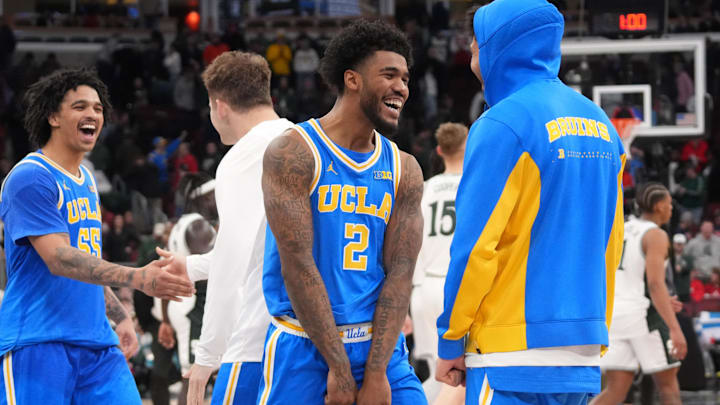 Mar 13, 2026; Chicago, IL, USA; UCLA Bruins guard Donovan Dent (2) celebrates his teams win against the Michigan State Spartans during the second half at United Center. Mandatory Credit: David Banks-Imagn Images Mar 13, 2026; Chicago, IL, USA; UCLA Bruins guard Donovan Dent (2) celebrates his teams win against the Michigan State Spartans during the second half at United Center. Mandatory Credit: David Banks-Imagn Images