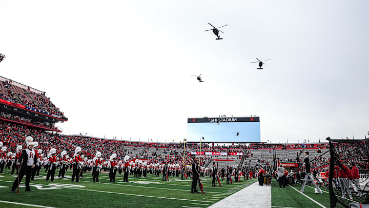 Nov 4, 2023; Piscataway, New Jersey, USA; Helicopters fly over the field at SHI Stadium before a game between the Rutgers Scarlet Knights and the Ohio State Buckeyes. Mandatory Credit: Vincent Carchietta-Imagn Images
