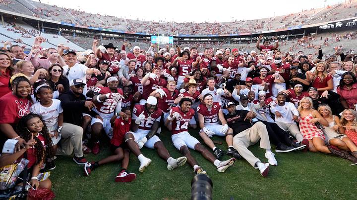 Oklahoma celebrates following the Red River Rivalry college football game between the University of Oklahoma Sooners (OU) and the Texas Longhorn at the Cotton Bowl Stadium in Dallas, Texas, Saturday, Oct., 10, 2026. Oklahoma celebrates following the Red River Rivalry college football game between the University of Oklahoma Sooners (OU) and the Texas Longhorn at the Cotton Bowl Stadium in Dallas, Texas, Saturday, Oct., 10, 2026.