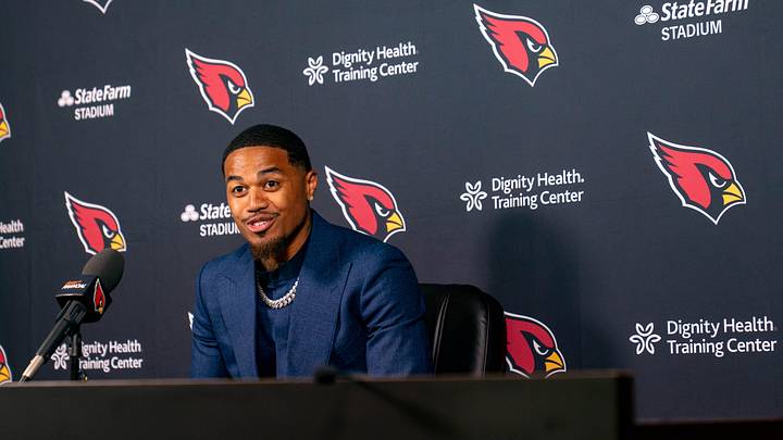 Kendrick Bourne speaks to members of the media at Arizona Cardinals Training Center in Tempe, on March 12, 2026.