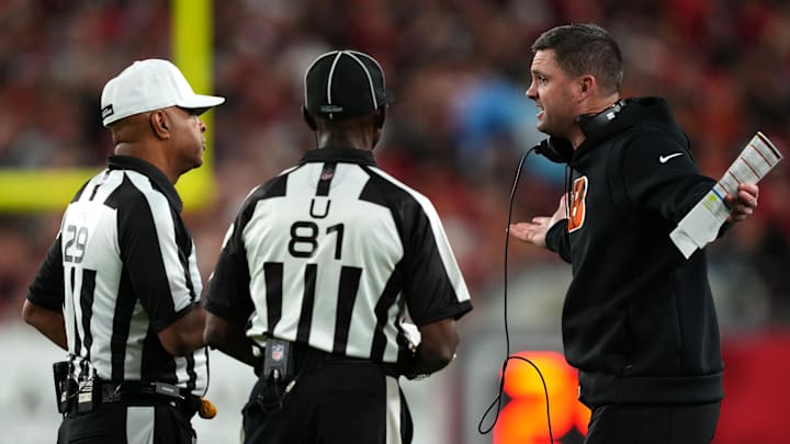 Cincinnati Bengals head coach Zac Taylor argues with referee Adrian Hill (29). And umpire Roy Ellison (81) in the third quarter during a Week 15 NFL game against the Tampa Bay Buccaneers, Sunday, Dec. 18, 2022, at Raymond James Stadium in Tampa, Fla. The Cincinnati Bengals won, 34-23. The Cincinnati Bengals improved to 10-4 on the season.
Nfl Cincinnati Bengals At Tampa Bay Buccaneers Dec 18 0070 Cincinnati Bengals head coach Zac Taylor argues with referee Adrian Hill (29). And umpire Roy Ellison (81) in the third quarter during a Week 15 NFL game against the Tampa Bay Buccaneers, Sunday, Dec. 18, 2022, at Raymond James Stadium in Tampa, Fla. The Cincinnati Bengals won, 34-23. The Cincinnati Bengals improved to 10-4 on the season.
Nfl Cincinnati Bengals At Tampa Bay Buccaneers Dec 18 0070
