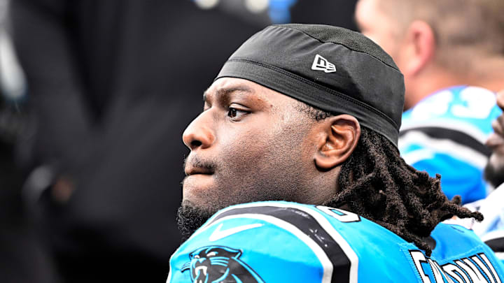 Oct 26, 2025; Charlotte, North Carolina, USA;  Carolina Panthers offensive tackle Ikem Ekwonu (79) on the bench in the fourth quarter against the Buffalo Bills at Bank of America Stadium. Mandatory Credit: Bob Donnan-Imagn Images
